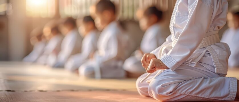 Young karate students kneeling on training mat during martial arts class. Discipline, focus, respect and physical development concept.
