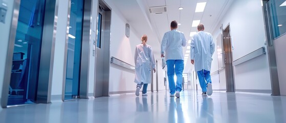 Naklejka na ściany i meble Wide angle view of medical professionals walking through a premium hospital corridor, showing modern healthcare environment, teamwork, daily routine and clinical workflow.