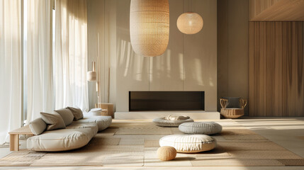 Fototapeta premium Luxury Modern Japandi Living Room Interior Design, Minimalist Zen Home Decor with Large Woven Pendant Lights, Low Profile Sofa and Floor Cushions in Natural Beige Tones for Serene Real Estate Concepts