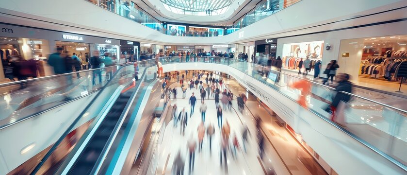 Wide angle view of people moving inside a large modern shopping mall, showing retail environment, customer flow, commercial space and everyday consumer activity.