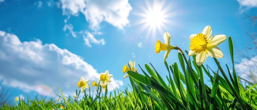 Bright yellow daffodils blooming under clear blue sky with shining sun and soft clouds. Fresh spring nature background symbolizing renewal and seasonal growth.