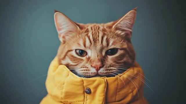 Orange tabby cat in yellow jacket looking alert with a green background. Saint Patrick's Day, St Paddy's Day, St Patty's Day - Irish National Holiday and Cultural Celebration