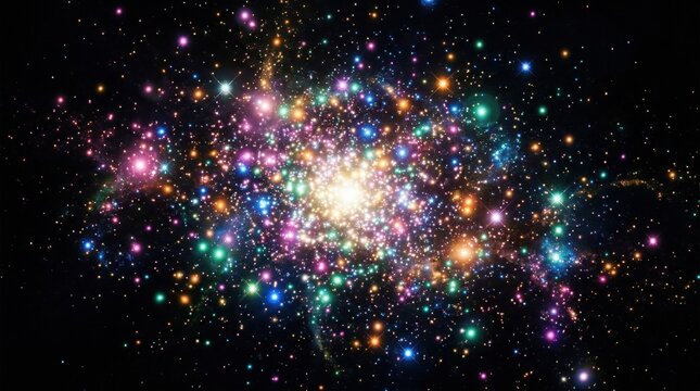 Vibrant Star Cluster Lights Up Cosmic Darkness, This image captures a breathtaking cluster of countless colorful, luminous points scattered against a dark backdrop, resembling a distant star system