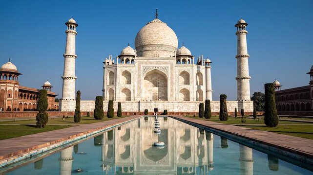 Iconic Taj Mahal Mausoleum in Agra India Reflecting in the Water Channel During Daytime Under a Clear Blue Sky.