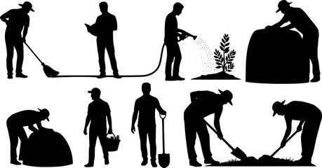 Professional Farmer and Agriculture Silhouette Set - Harvesting Team and Rural Manual Labor Vector