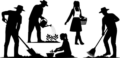 Professional Farmer and Agriculture Silhouette Set - Harvesting Team and Rural Manual Labor Vector