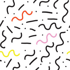 Minimal Memphis style abstract pattern with playful squiggles and dots. Flat vector illustration suitable for modern backgrounds, posters, and creative branding.