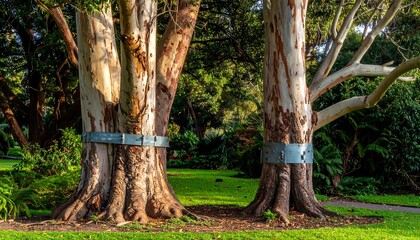 Eucalyptus Trees with Bird Protection Collars in a Park.