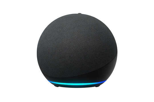 Modern black spherical smart speaker with glowing blue LED light ring isolated on transparent background cutout
