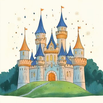 whimsical fairy-tale castle with blue and gold spires and fluttering flags on a grassy hill under a sparkling sky