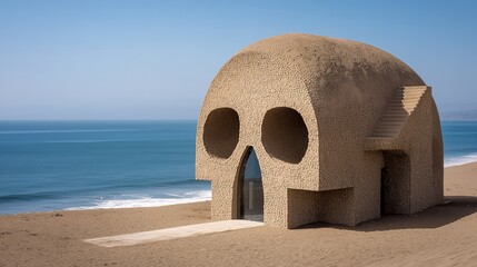 海と広大な空が広がる砂漠に佇む巨大な砂岩の頭蓋骨