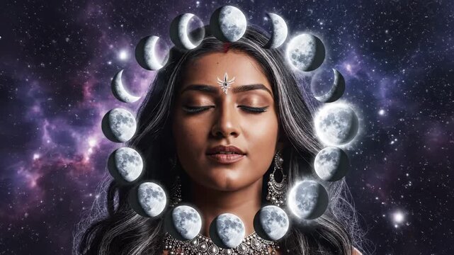Spiritual goddess meditating with lunar phases