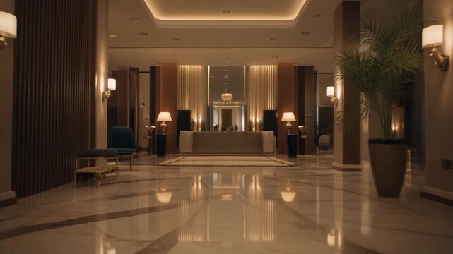 Luxurious hotel lobby with reception desk, comfortable seating, and large potted plant, viewed from a distant perspective, conveying elegance and sophistication.