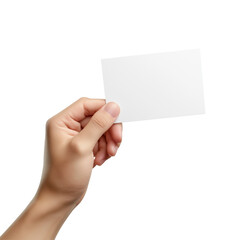 Obraz premium close-up of a woman's hand holding a blank card, isolated on a white background.