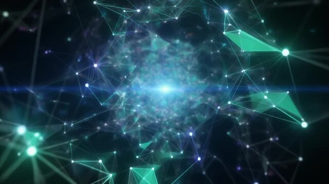 Glowing blue network explosion with green triangles and lines in space