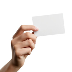 Obraz premium close-up of a woman's hand holding a blank card, isolated on a white background.