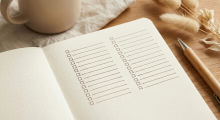 Checklist notebook dotted page blank list wooden desk minimal office cozy workspace dried grass pen coffee mug soft light