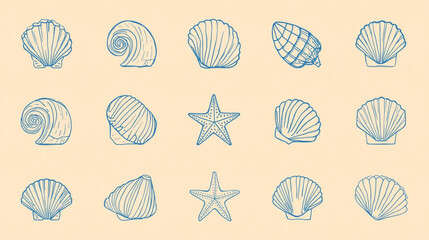 A collection of blue line art seashells starfish and marine life illustrations © Maria
