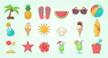Collection of summer themed objects and elements for vacation and fun.