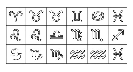 Zodiac signs arranged in a grid, representing astrological concepts and symbolism. © Juna