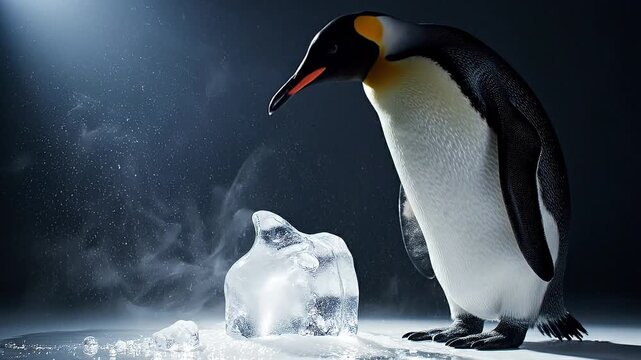 A penguin standing next to a melting ice cube on a dark background with smoke and a beam of light