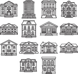 Classic European Public Building Architecture Line Icon Set