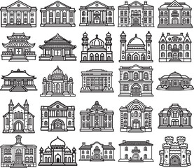 Historic Civic and Traditional Architecture Line Icon Set