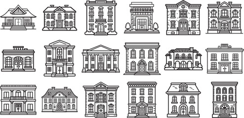 Elegant European Townhouse and Civic Building Line Icon Set