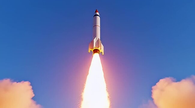 A rocket launch with intense exhaust flames against a clear blue sky backdrop