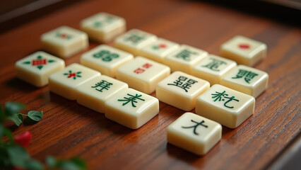 Mahjong tiles arranging themselves into winning hand with mystical glow, sharp game tradition details