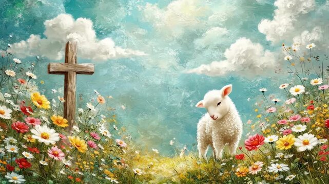 Peaceful lamb in floral meadow with cross under blue sky. Easter, Pascha, Paskha, Ostern, Pascua, Paques - Orthodox and Catholic Holiday celebration