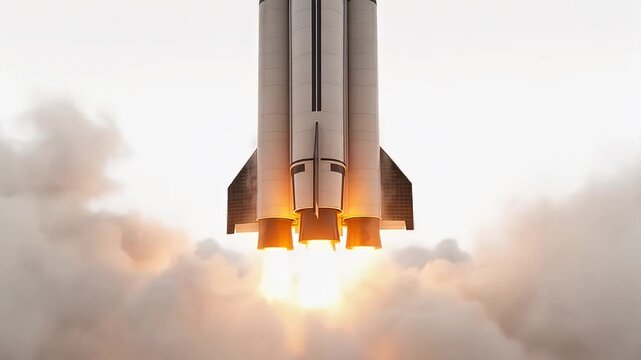 Dramatic upward shot of rocket launching with vibrant flames and rising smoke