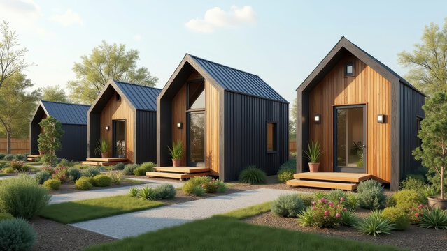 Tiny home community: clustered micro-dwellings with shared gardens, alternative housing movement
