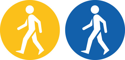 Two pedestrian signs on a yellow and blue background.