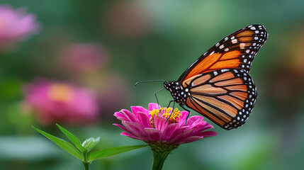 Obraz premium beautiful monarch butterfly on blooming pink zinnia flower in garden capturing nectar with patterned wings against soft bokeh and lush green foliage