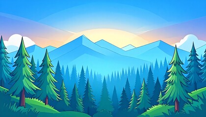Fototapeta premium Serene mountain landscape with lush pine trees and majestic peaks at sunrise from a distant viewpoint