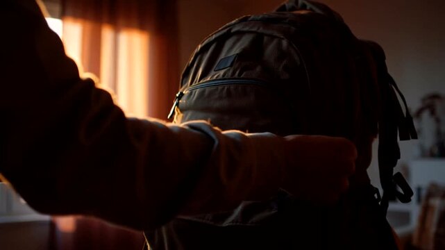 Hand closing a zipper on a backpack, preparing for a journey with essential travel gear packed inside