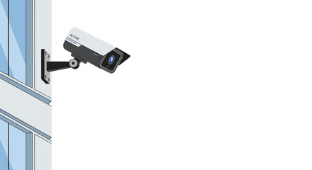 A modern security camera labeled ACTIVE is mounted on a grey building wall with blue window reflections, overlooking an area on a white background.