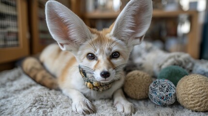 Fototapeta premium Fennec fox with enormous ears playing with toys in a specially prepared enrichment space at home, perfect for exotic pet lifestyle, fennec fox care, rare small mammal, unusual pet owner, modern