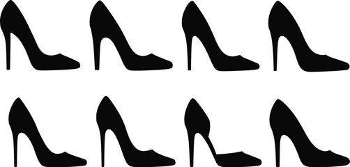 Black high heel shoe silhouettes, fashion footwear icons, elegant stiletto profiles, stylish women&rsquo;s shoes, design collection, trendy fashion illustration artwork