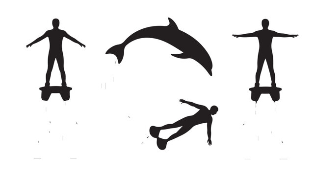 Silhouette of skateboarder doing tricks with dolphin in dynamic motion on white background for sport advertisement