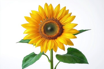 Obraz premium single vibrant yellow sunflower with detailed central disk, green leaves and stem on a clean white background, cheerful bright blossom