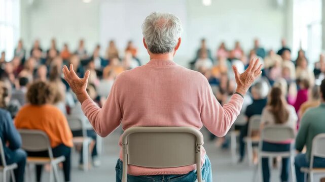 Senior speaker engaging large assembly with dynamic hand gestures during stimulating educational conference