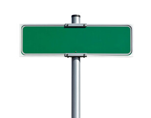 A blank green rectangular street sign with a silver frame and pole against a stark black background
