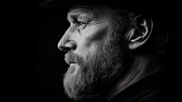 Monochromatic close-up portrait of older bearded man in profile against absolute darkness, dramatic illumination