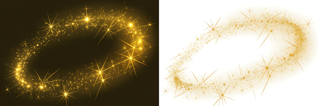 Luminous Golden Star Swirl with Magic Glitter Particles and Sparkling Light Effects on Transparent and Black Backgrounds