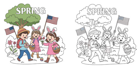 Naklejka premium Children Celebrating Spring and Easter with US Flags Coloring Page