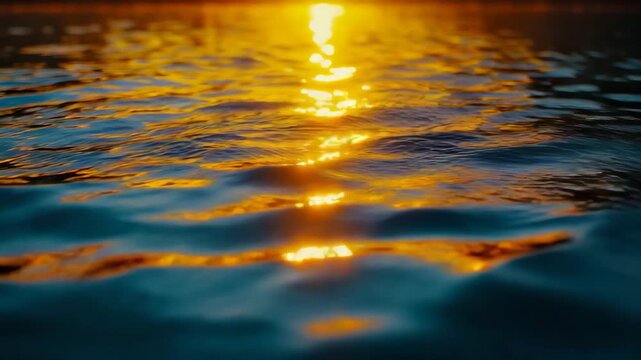 Golden Sunlit Ripples on Dark Teal Water Surface, Abstract Aquatic Reflection with Warm Light Patterns