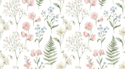 A beautiful floral pattern with pink and blue flowers on a white background