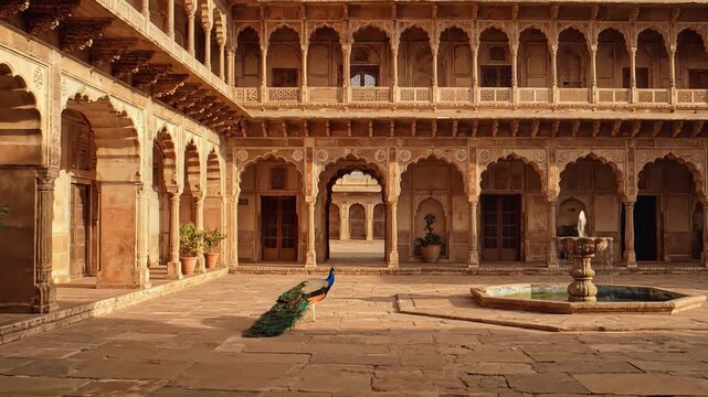 Peacock in ornate Indian palace courtyard with fountain